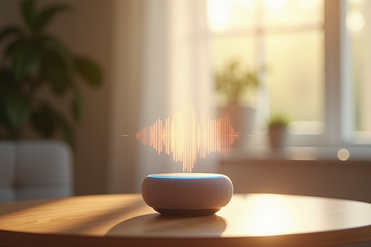 Intérieur de maison connectée avec assistant vocal et lumière du matin