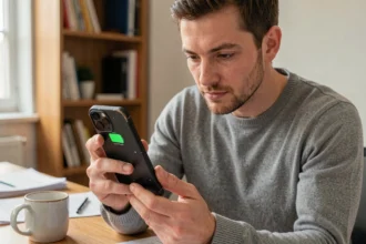 Homme vérifiant le pourcentage de batterie sur un iPhone 14 Pro reconditionné posé dans sa main