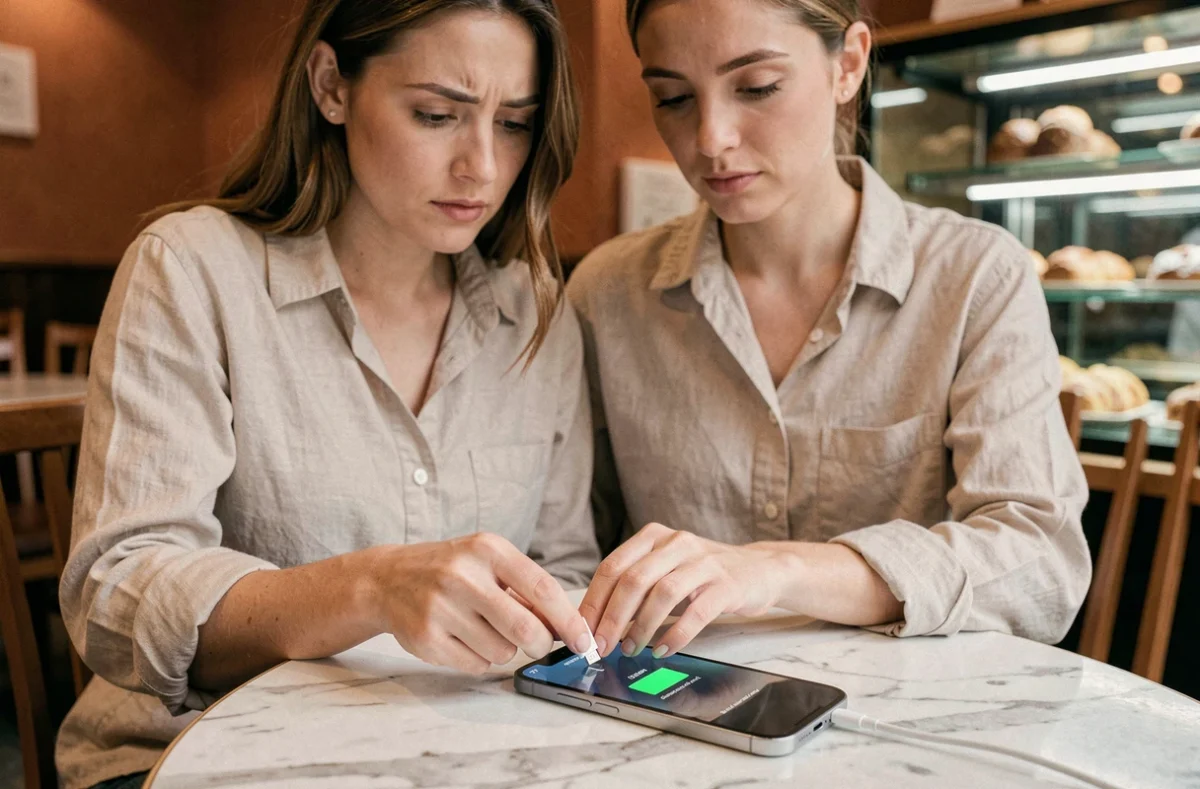 Femme branchant le câble de charge d'un iPhone 14 Pro reconditionné affichant une batterie faible dans un café