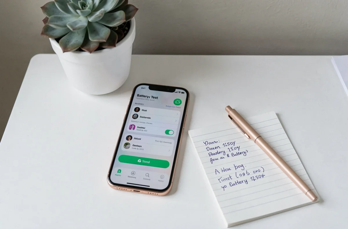 iPhone 14 Pro reconditionné posé sur un bureau avec un carnet de notes manuscrites sur les performances de la batterie