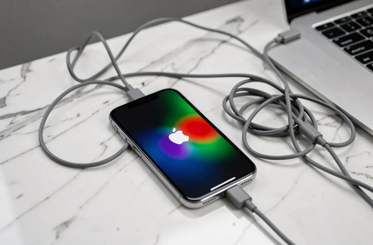 iPhone bloqué sur le logo Apple en boucle de redémarrage posé sur un bureau en marbre avec un câble de charge emmêlé