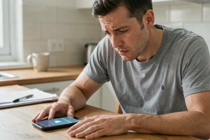 Homme frustré regardant un iPhone bloqué en boucle de redémarrage posé sur une table en bois dans une cuisine moderne