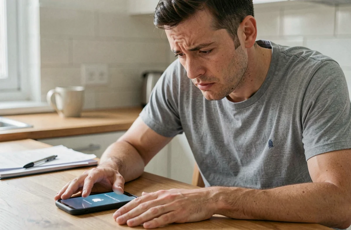 Homme frustré regardant un iPhone bloqué en boucle de redémarrage posé sur une table en bois dans une cuisine moderne