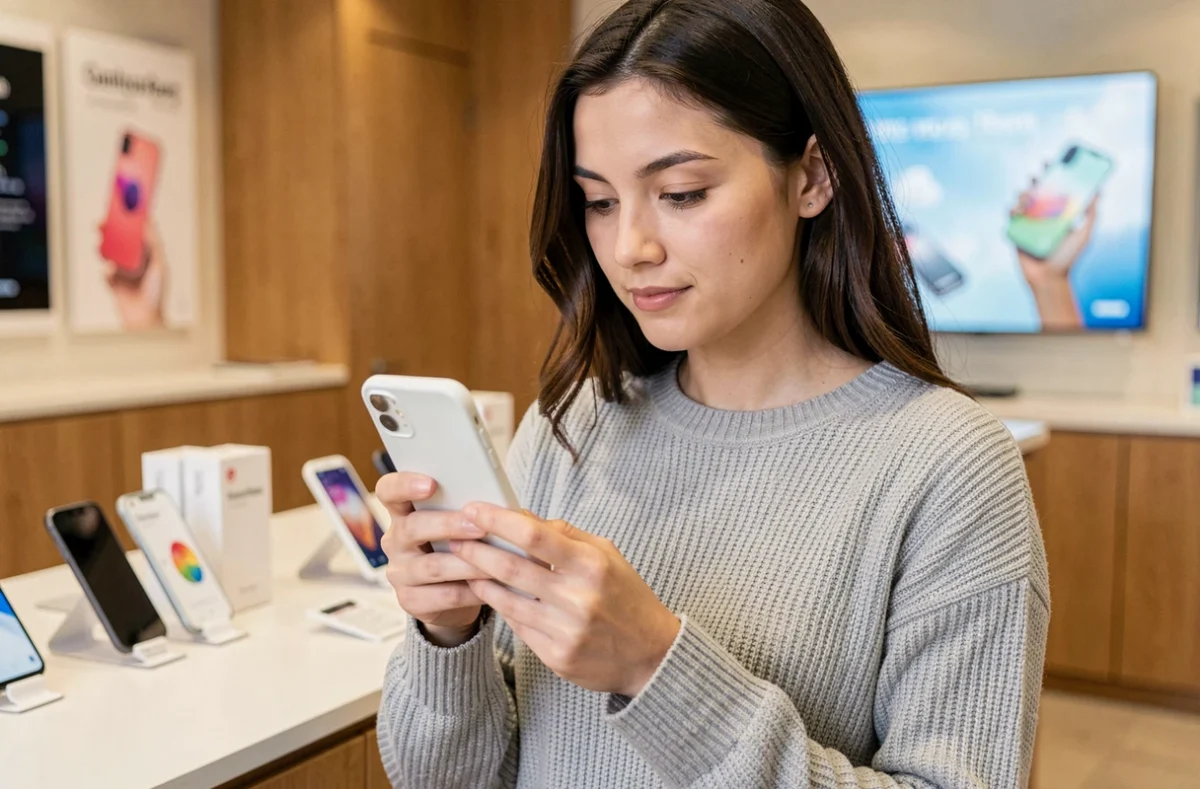 Jeune femme examinant un nouvel iPhone SE compact dans une boutique opérateur mobile moderne
