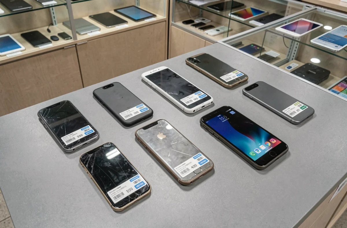 Sélection d'iPhone SE reconditionnés exposés avec étiquettes de prix dans une boutique de revente électronique