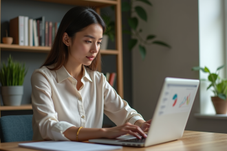 Jeune femme au bureau analysant un laptop pour le SEO