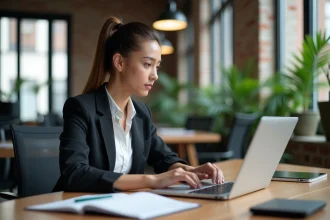 Jeune femme au bureau naviguant sur un tableau de bord digital