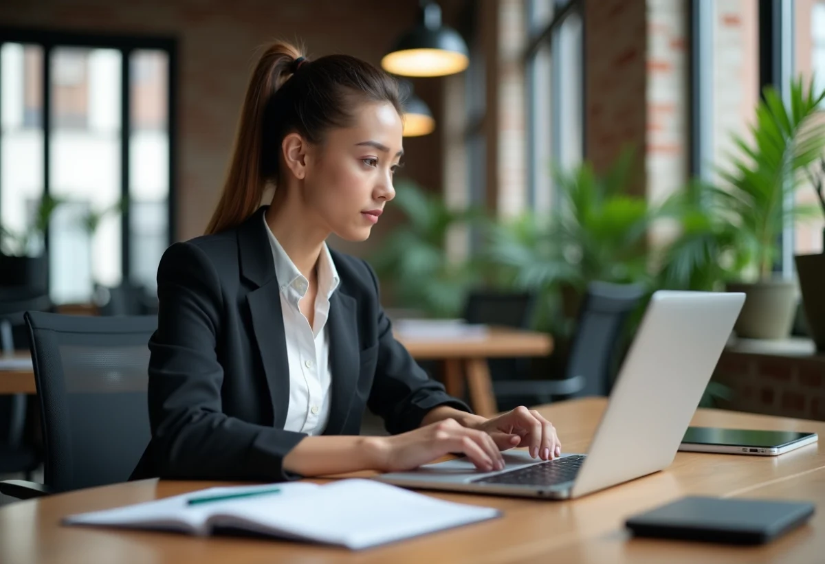 Jeune femme au bureau naviguant sur un tableau de bord digital