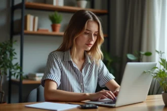 Jeune femme travaillant sur un ordinateur dans un bureau cosy