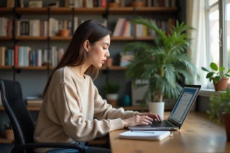 Jeune femme au bureau compare options d'hébergement web