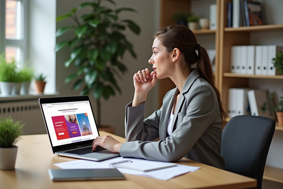 Jeune femme en bureau moderne travaillant sur un ordinateur