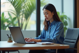 Jeune femme au bureau travaillant sur son ordinateur portable