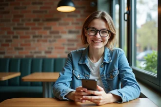 Jeune femme souriante utilisant son smartphone dans un café moderne