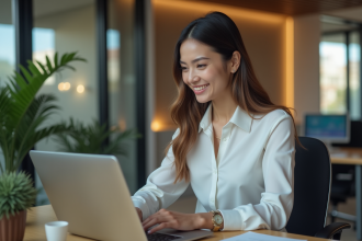 Jeune femme commerciale souriante au bureau avec chatbot