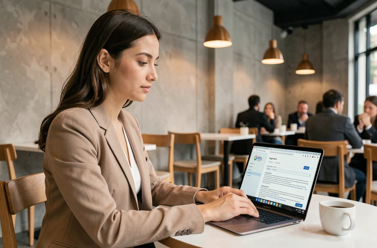Jeune femme créant une signature email impactante dans un webmail depuis un café urbain moderne