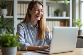 Jeune femme souriante à la maison utilisant son ordinateur portable