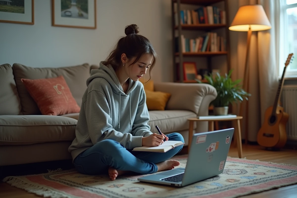 Jeune femme prenant des notes dans un salon cosy avec ordinateur portable