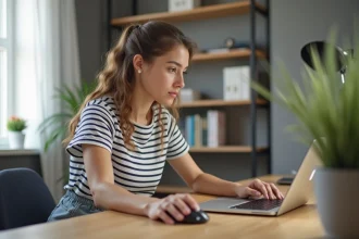 Jeune femme concentrée utilisant un ordinateur portable dans un bureau moderne