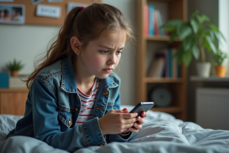 Jeune fille de 15 ans avec smartphone dans sa chambre