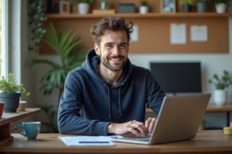 Jeune homme concentré travaillant sur son ordinateur dans un bureau lumineux