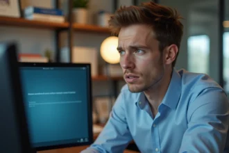 Jeune homme de bureau perplexe face à un écran d'ordinateur avec erreur