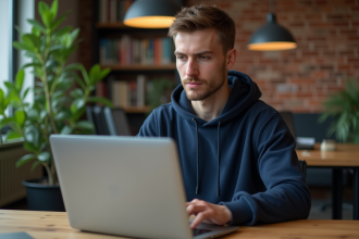 Jeune homme en hoodie code sur son ordinateur dans un bureau