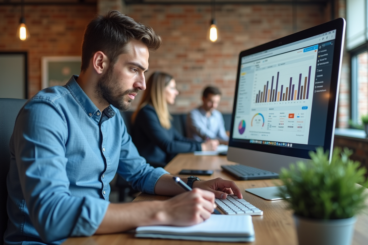 Jeune homme étudiant avec tableau de bord SEO dans un espace de coworking