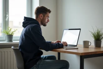 Jeune homme concentré sur son ordinateur portable dans un homeoffice