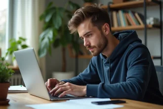 Jeune homme concentré travaillant sur son ordinateur dans un bureau moderne