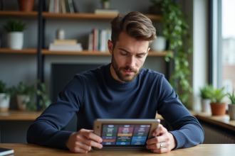 Jeune homme en bureau moderne utilisant une tablette avec flux RSS