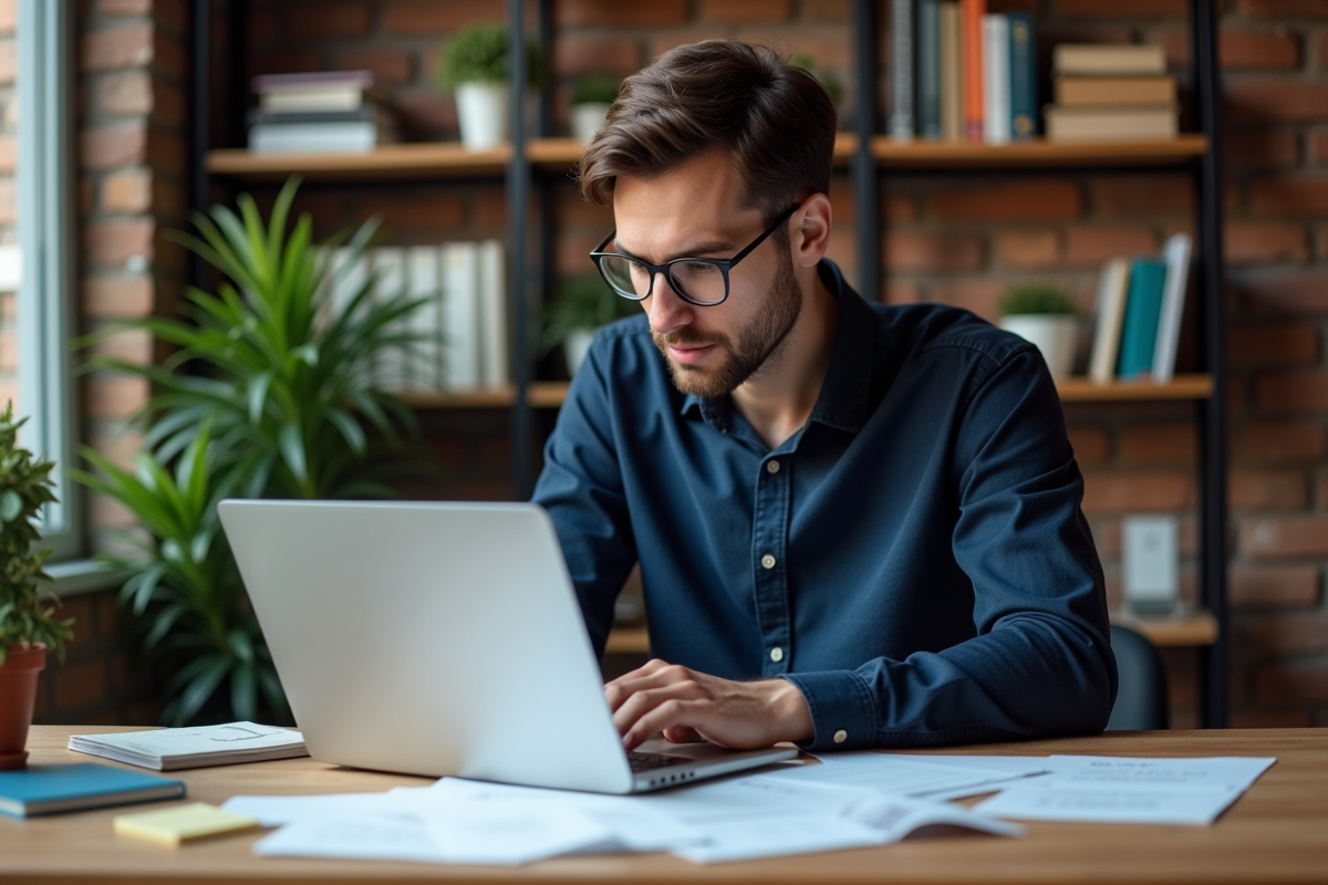Jeune homme concentré travaillant sur son ordinateur dans un bureau moderne