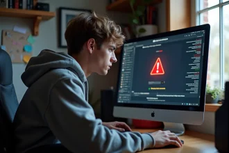 Jeune homme regardant un écran de jeu avec alerte