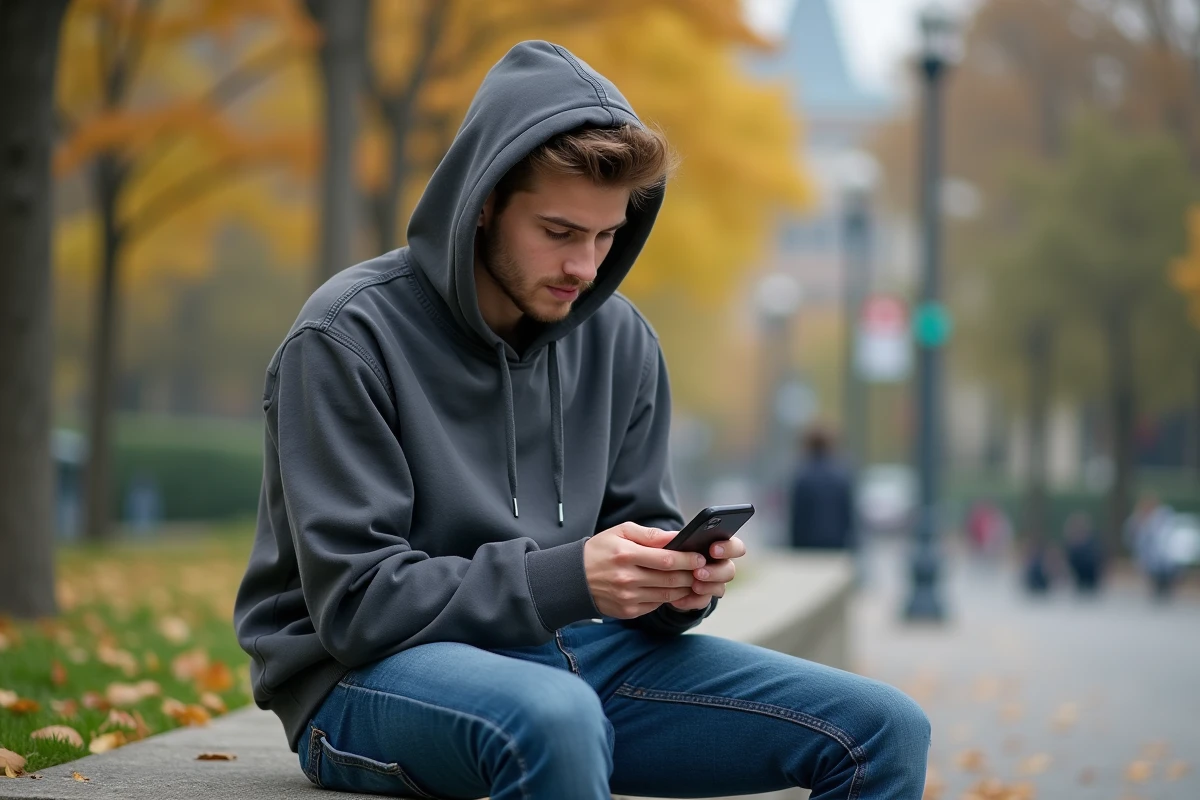 Jeune homme assis sur un banc dans un parc urbain en automne