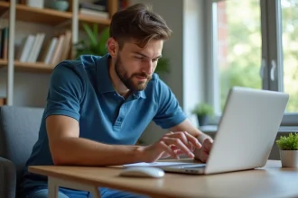 Jeune homme examine le dessous d'un routeur WiFi dans un bureau lumineux