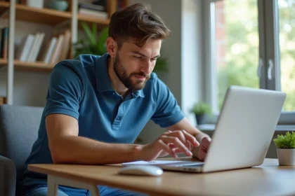 Jeune homme examine le dessous d'un routeur WiFi dans un bureau lumineux