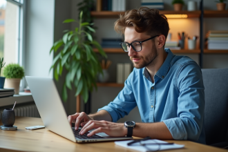 Jeune homme en casual travaillant sur un ordinateur à domicile