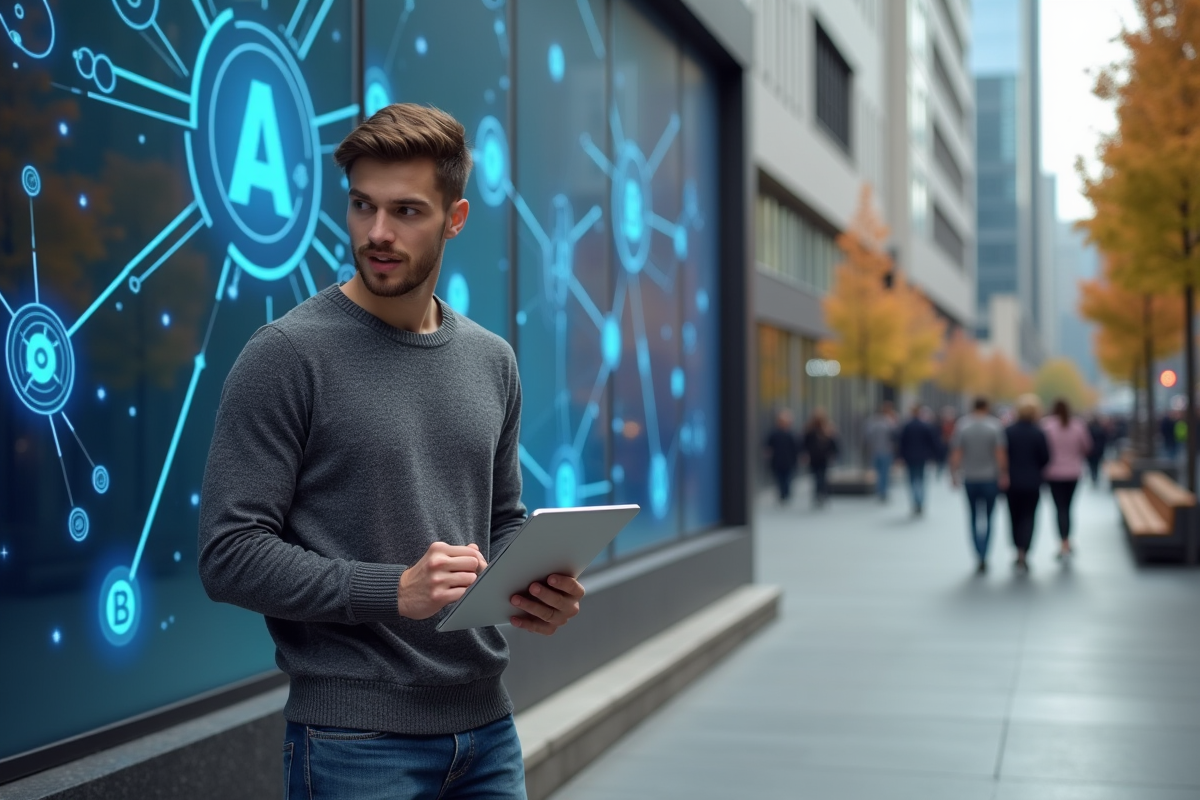 Jeune homme avec tablette devant panneau digital
