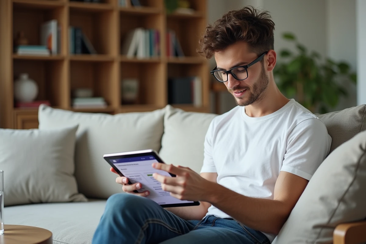Jeune homme consultant les options de changement de forfait sur tablette depuis son espace client mobile