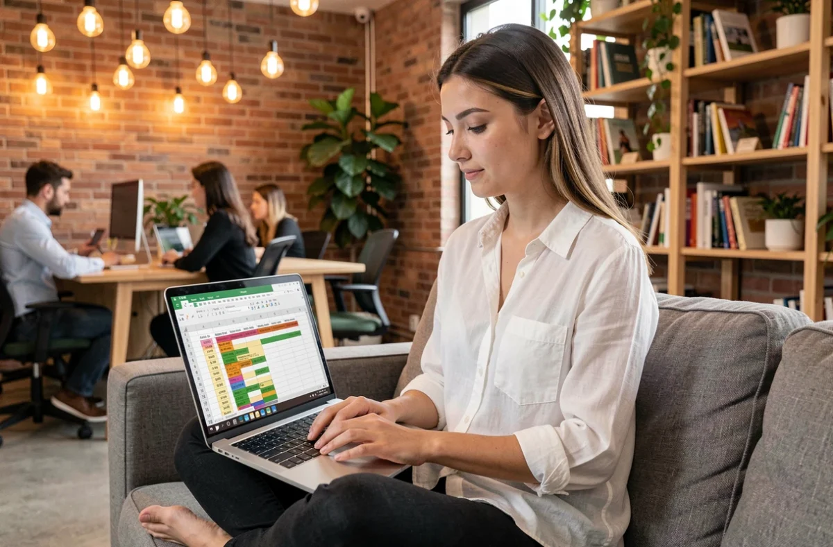 Jeune professionnelle travaillant sur un rapport Excel automatisé avec des calculs de différences de dates dans un espace de coworking moderne