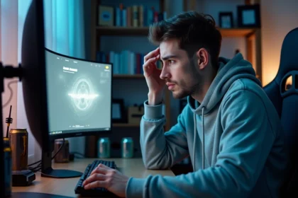 Jeune homme frustré face à un message de bannissement de compte Activision sur un écran de jeu