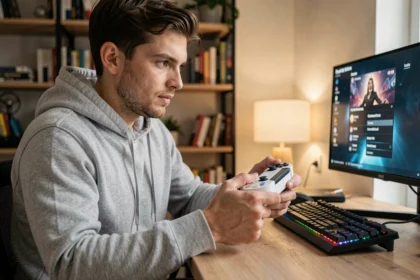 Joueur tenant une console portable PlayStation dans un bureau moderne, comparaison gaming portable 2026