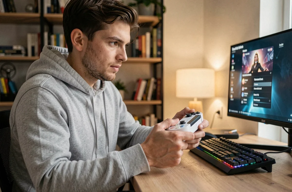 Joueur tenant une console portable PlayStation dans un bureau moderne, comparaison gaming portable 2026