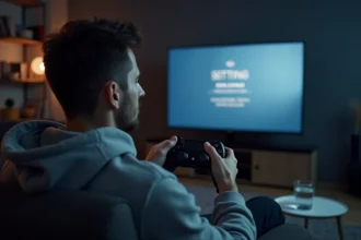 Joueur PS5 tenant une manette DualSense et naviguant dans les paramètres de la console pour désactiver la synthèse vocale