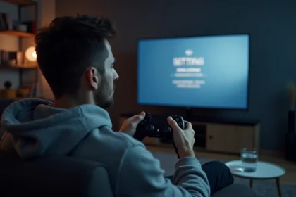 Joueur PS5 tenant une manette DualSense et naviguant dans les paramètres de la console pour désactiver la synthèse vocale