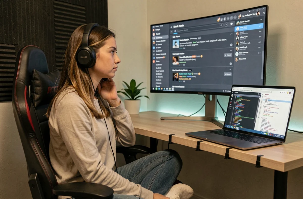 Jeune femme avec casque gaming devant un écran Discord affichant un serveur roleplay FA avec guides de mods