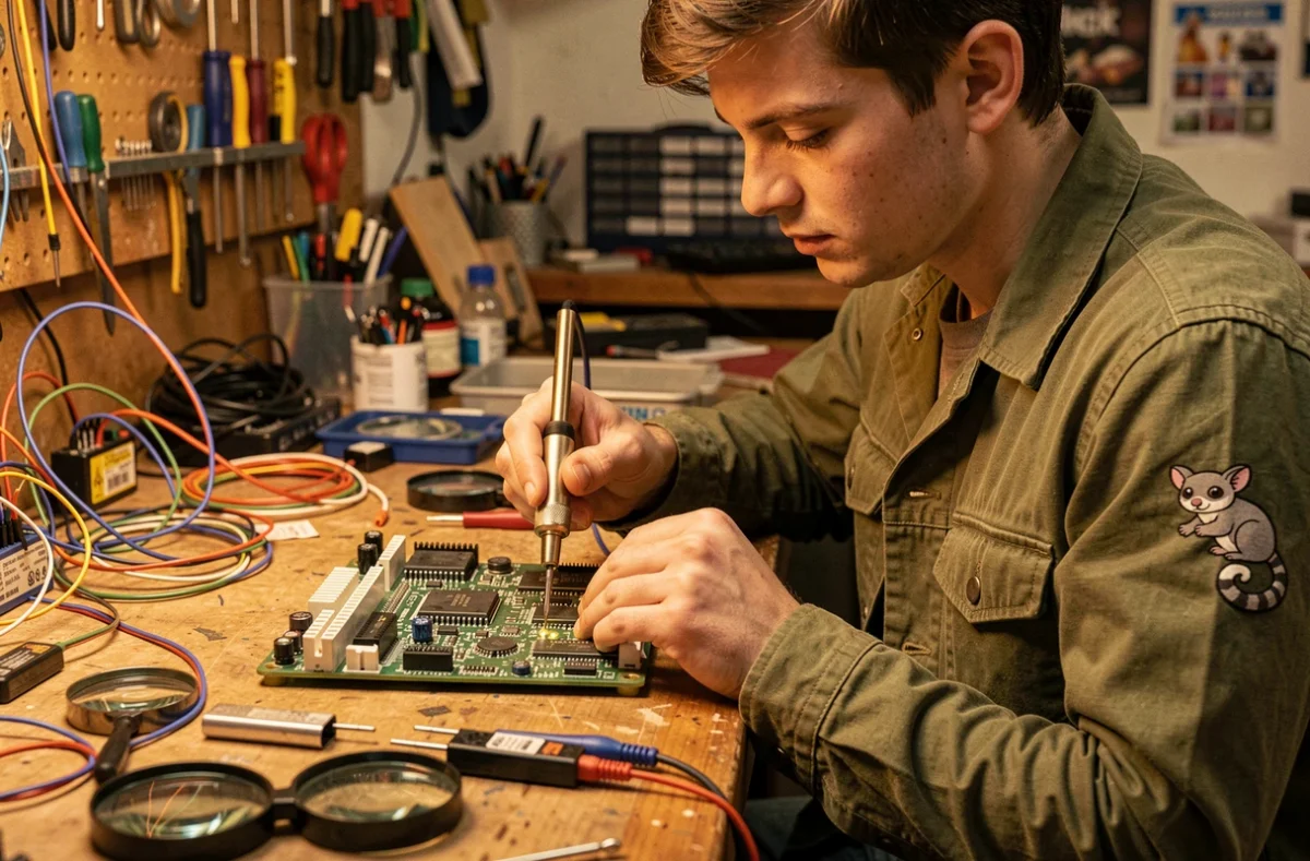 Technicien de Kinkajou Repair effectuant une soudure précise sur une carte mère d'ordinateur