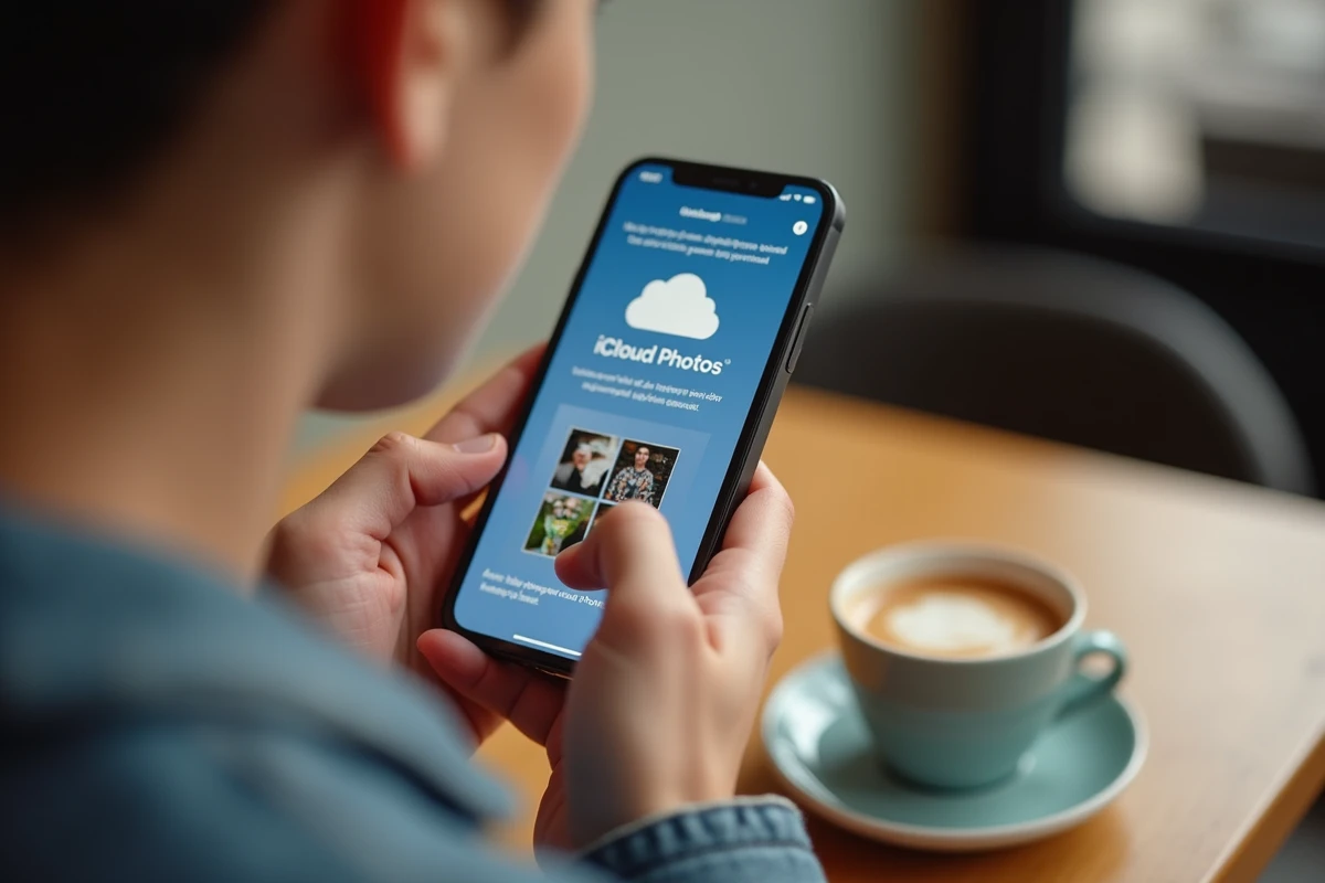 Mains tenant un iPhone affichant la récupération de photos via iCloud après une mise à jour iOS