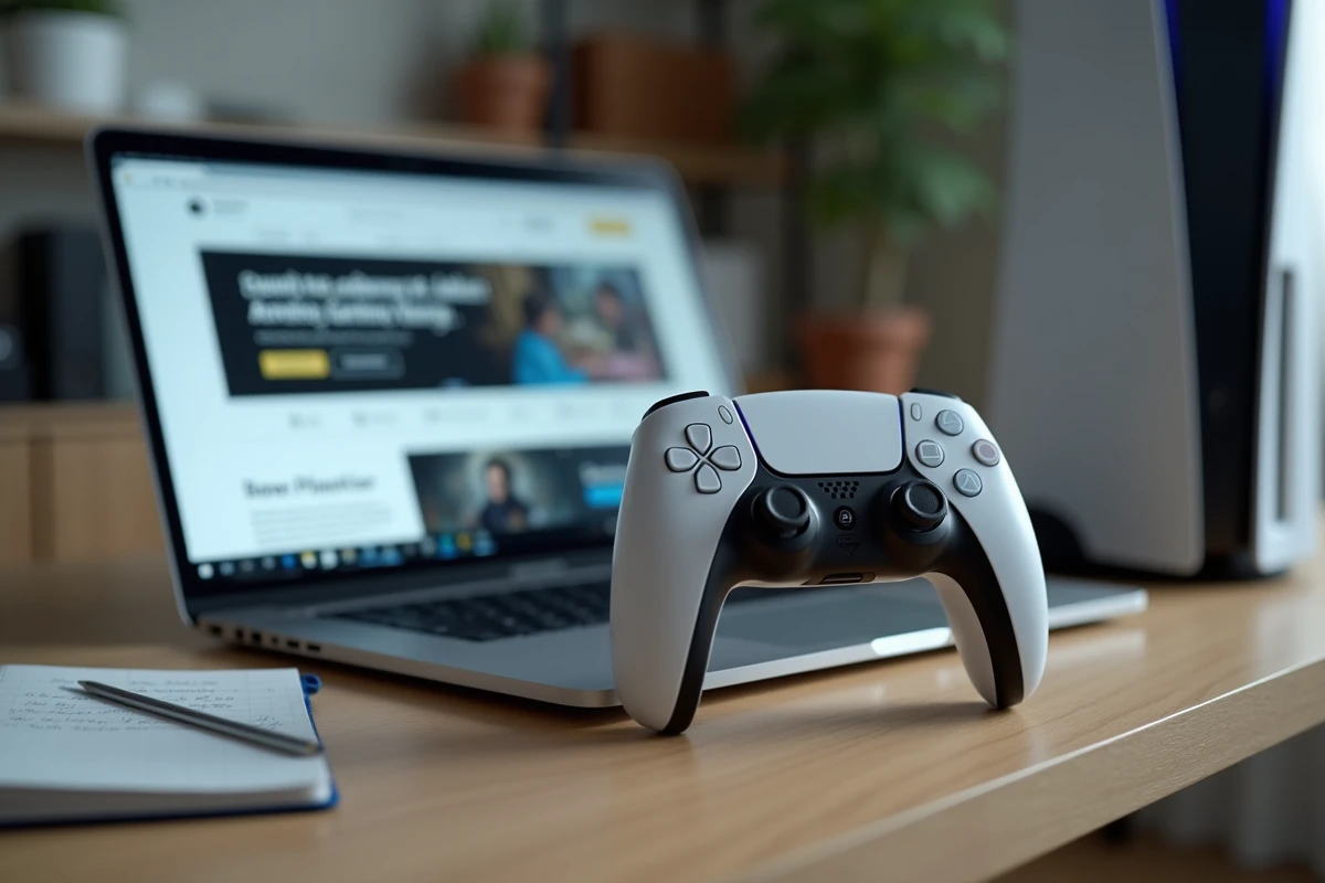 Manette DualSense PS5 posée sur un bureau avec un ordinateur portable affichant un tutoriel pour désactiver la synthèse vocale