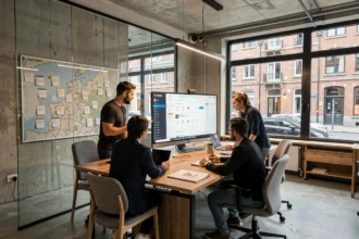 Équipe d'une agence Shopify dans le Nord réunie autour d'un tableau de bord e-commerce dans un bureau moderne aux murs en béton et grandes fenêtres industrielles