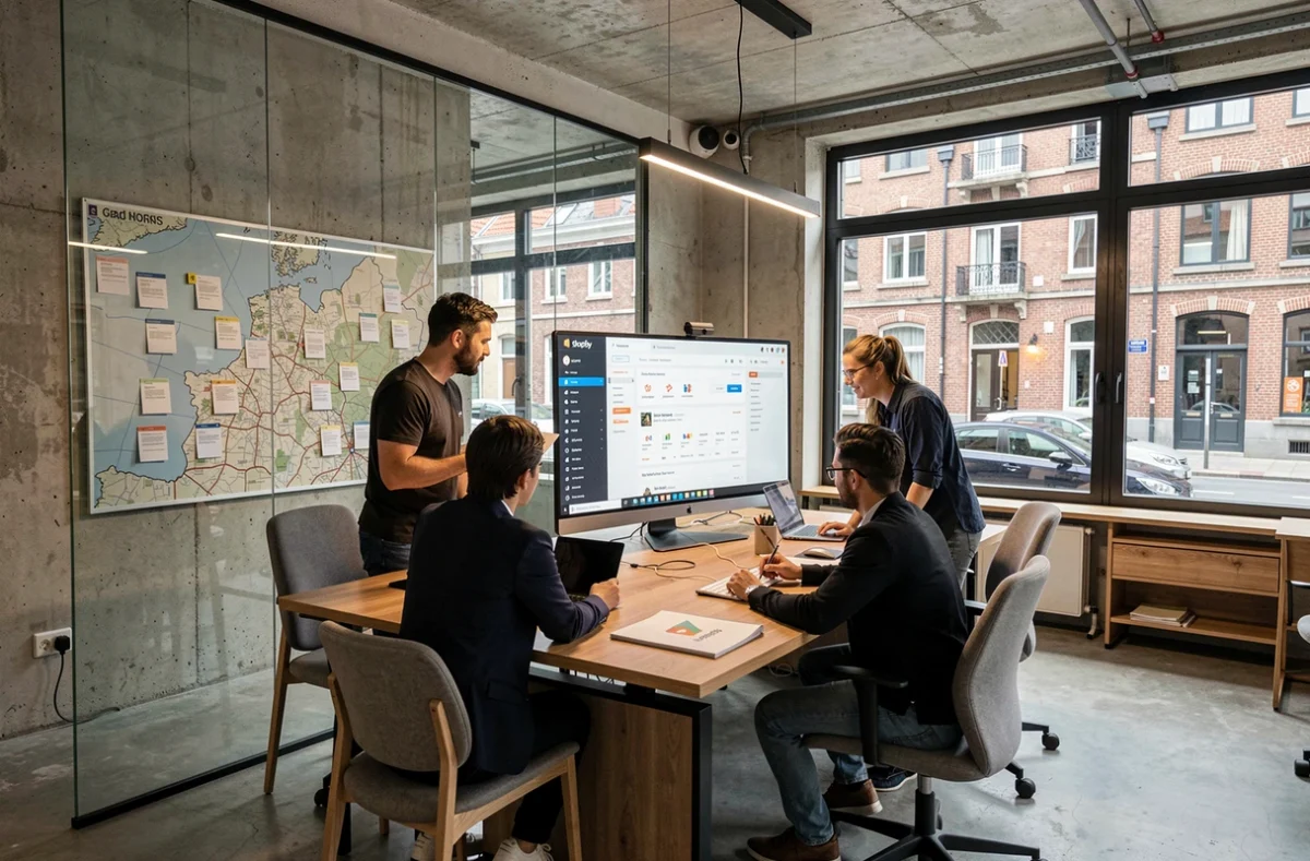 Équipe d'une agence Shopify dans le Nord réunie autour d'un tableau de bord e-commerce dans un bureau moderne aux murs en béton et grandes fenêtres industrielles